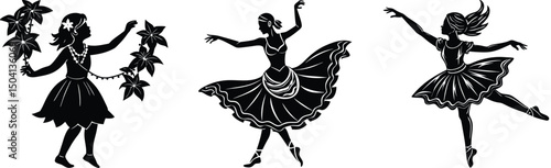 Three young ballerinas in dance poses silhouettes and white for design element or logo