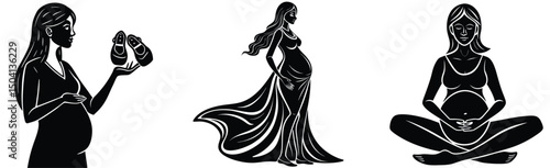 Pregnant woman silhouette vector set depicting maternity expectation and motherhood moments in and white