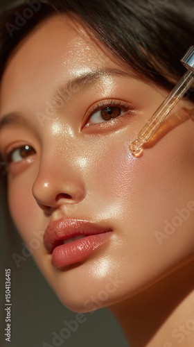 Radiant Skin, Timeless Beauty: A close-up showcases a young woman as she applies a skincare serum with radiant and healthy skin. The essence of beauty radiates with natural beauty.