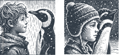 Woodcut Style Illustration of a Young Boy and Penguin Enjoying Snowfall – Winter Scene in Engraving Design for Seasonal and Holiday Themes