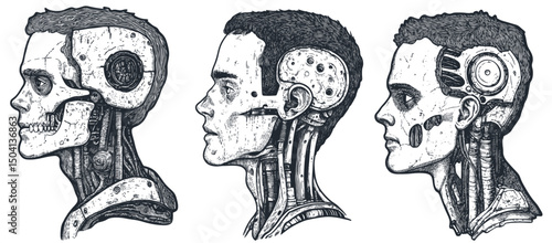 Vector set: three male cyborg head profiles. Detailed sketch style showing internal mechanics, skull, and artificial components. Sci-fi concept.