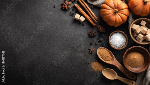 Fototapeta Naklejka Na Ścianę i Meble -  Autumnal spice ingredients, ready for fall baking.  Fresh pumpkin, cinnamon, and assorted fall spices arranged on a dark surface