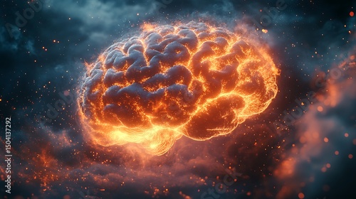 Glowing brain concept illustrating intense mental activity ideas and creative thinking