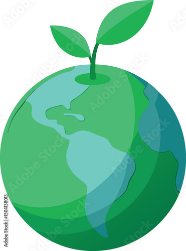 A stylized illustration depicting a vibrant green earth with a sprouting plant emerging from its surface symbolizing environmental growth and sustainability
