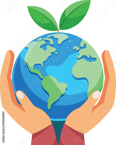 Protecting our planet earth illustration featuring hands gently holding a globe with two green leaves sprouting from the top