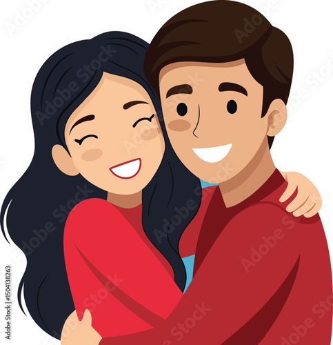 Happy couple embracing in a warm hug wearing red sweaters