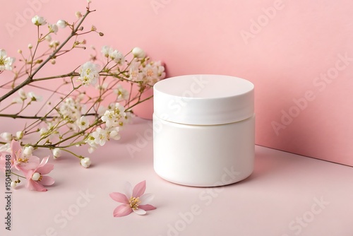 Minimal White Cosmetic Product Mockup with Pink Flowers on Pastel Background

