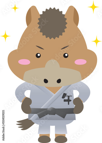 黒帯の馬キャラクター｜武道（柔道・空手・合気道）を学ぶかわいい干支素材