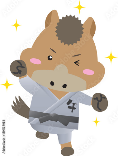 黒帯の馬キャラクター｜武道（柔道・空手・合気道）を学ぶかわいい干支素材