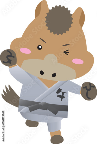 黒帯の馬キャラクター｜武道（柔道・空手・合気道）を学ぶかわいい干支素材