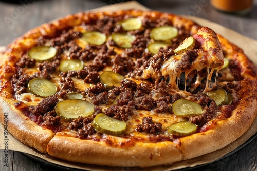 A delicious cheeseburger pizza topped with ground beef, pickles, and special sauce, featuring a slice lifted