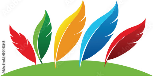 Five colorful feathers resting on a green hilltop a vibrant and symbolic image