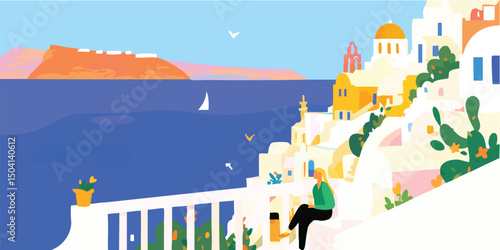 A solitary individual enjoys a moment of peaceful contemplation, gazing out over a tranquil seaside vista, captured in a unique artistic style, evoking a sense of serenity and escape.
