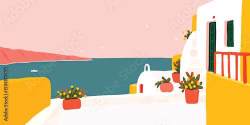 A tranquil illustration of a coastal landscape, featuring charming buildings with vibrant colors and scenic water view. The idyllic setting evokes a sense of peace and wanderlust.