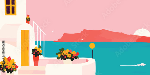 A charming coastal scene, featuring vibrant floral arrangements adorning a building, bathed in the warm hues of a sunrise.