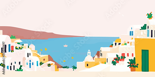 Santorini island in Greece with whitewashed house and blue sea.