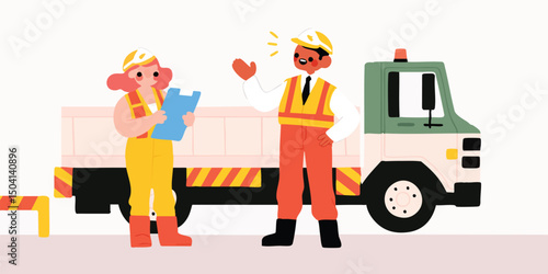 Two construction workers stand near a truck in a clean, vector illustration, ready for an important day of work. Their teamwork is key for their jobs.