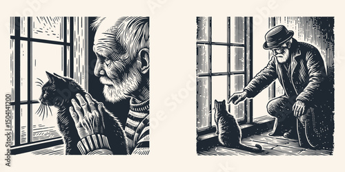 Elderly Man Petting a Cat by the Window – Retro Woodcut Design, Detailed Hand-Drawn Scene, Serene Old Man with Pet in Classic Interior