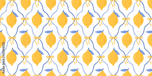 Lemon Damask Seamless Pattern. Summer coquette print. Italian vacation aesthetics. Cute vector background with citrus fruits for fabric, wallpaper, cover, wrapping paper