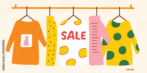 Vibrant sale sign and colorful clothes on a rack for a sale event, ideal for fashion, sales, and retail concepts.