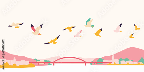 A flock of stylized birds soaring gracefully across a vibrant cityscape, their wings outstretched against the backdrop of a pastel sky and a charming bridge.