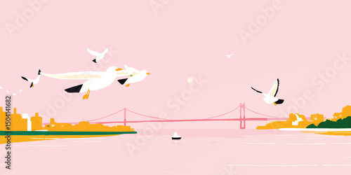 An artistic vector illustration of a picturesque scene, featuring soaring seabirds against a soft pink sky and the iconic bridge, a tranquil water body and urban silhouette.