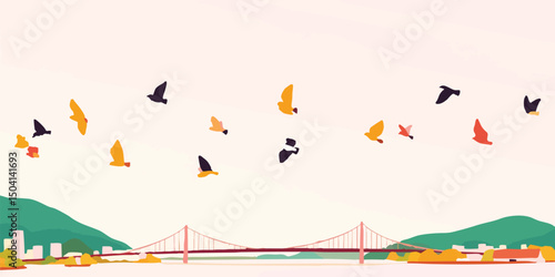 Birds soar gracefully in the sky above a beautiful bridge and town, bringing a sense of freedom and exploration in an artistic composition.