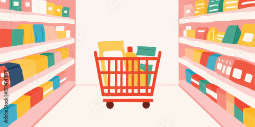 A whimsical cartoon of shopping cart. in the grocery store filled with goods. Depicting the essence of retail shopping.