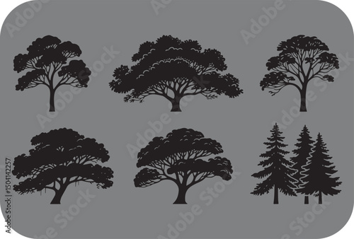 Collection of six black silhouette trees deciduous and coniferous
