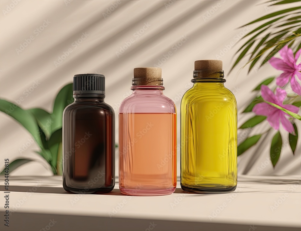 Three glass bottles with cork stoppers, in various colors, displayed on a light beige surface, amidst tropical foliage and flowers, suggesting a natural and healthy product Three glass bottles with cork stoppers, in various colors, displayed on a light beige surface, amidst tropical foliage and flowers, suggesting a natural and healthy product