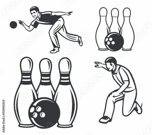 Vector illustration of a black silhouette bowling ball and pins with a running soccer player