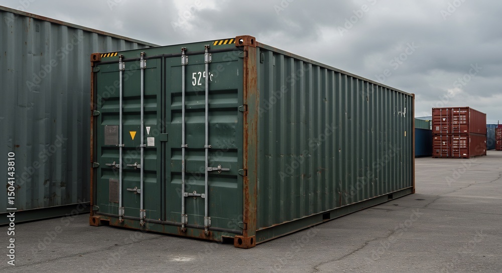 Fototapeta premium Shipping Container at Storage Yard Under Cloudy Sky