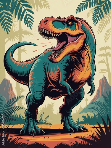 Fierce Tyrannosaurus Rex roars in a prehistoric jungle with its mouth open wide