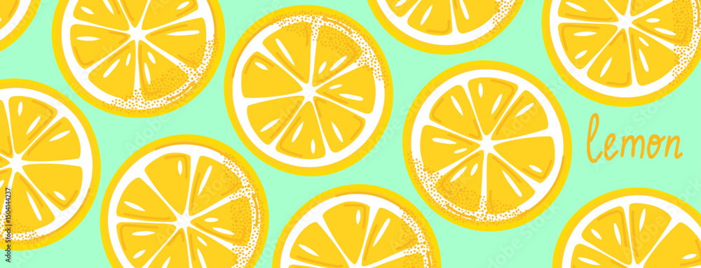 Bright lemon slices pattern on mint background. Fun and fresh summer fruit design, great for covers, wallpapers, and food-related projects. Vector illustration Bright lemon slices pattern on mint background. Fun and fresh summer fruit design, great for covers, wallpapers, and food-related projects. Vector illustration