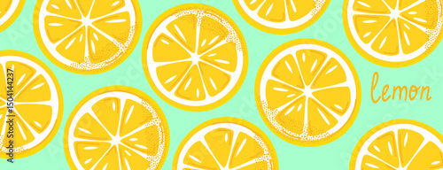Bright lemon slices pattern on mint background. Fun and fresh summer fruit design, great for covers, wallpapers, and food-related projects. Vector illustration