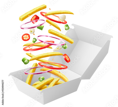 White food box with french fries, packaging for hamburger, lunch, fast food, burger, sandwich isolated on white background. Packaging Cardboard Box Mockup, Realistic 3d Vector Illustration