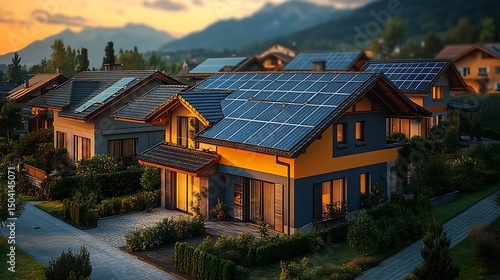 Wallpaper Mural Modern homes with solar panels on roofs illustrating renewable energy usage for sustainability. Torontodigital.ca