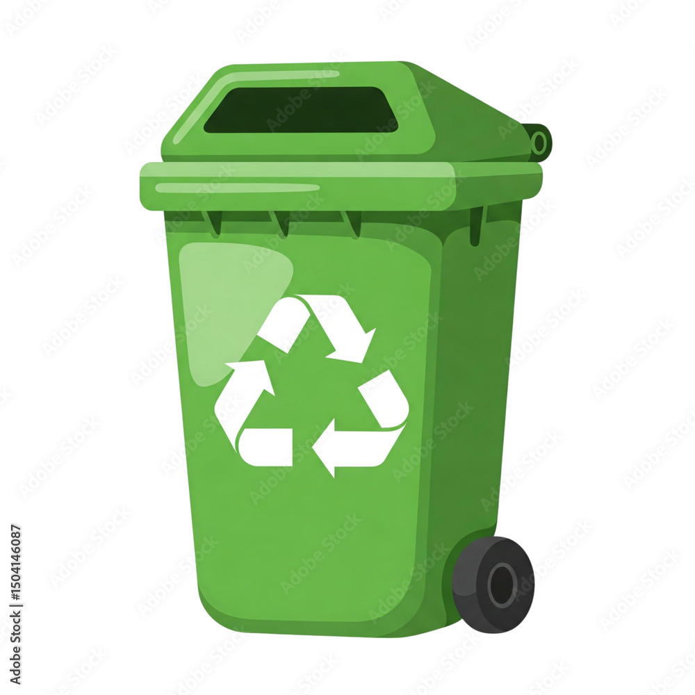 A green recycling bin with a white recycle symbol on the front and two wheels at the base. A green recycling bin with a white recycle symbol on the front and two wheels at the base.