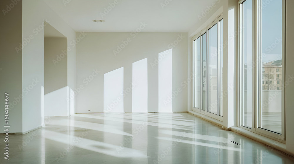 Obraz premium Bright Empty Modern Apartment Interior With Sunlight Streaming Through Large Windows