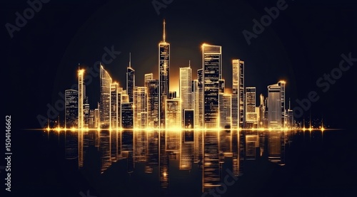 Golden city skyline reflected on water