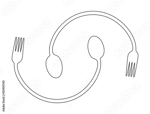 art of a continuous line from an image of a curved spoon and fork. this icon is for a restaurant logo sticker or banner