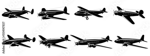 Vintage Civil Plane Silhouettes. Passenger and Cargo Aircraft. Vector cliparts isolated on white.