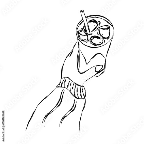 A hand grips an iced coffee with visible ice cubes and bold lines. This minimalist urban art design is perfect for cafe branding, food blogs, beverage menus, summer promotions, and social media.