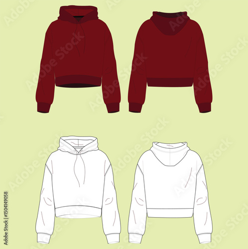 Ladies hoodie with drawstring adjustable hem, Fashion Flat Sketch, technical drawing template colorful design vector.