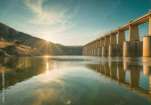 The sun sets, casting a golden glow over a massive dam and its tranquil lake.