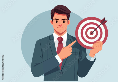 A businessman points at an arrow target, indicating success or a clear goal.