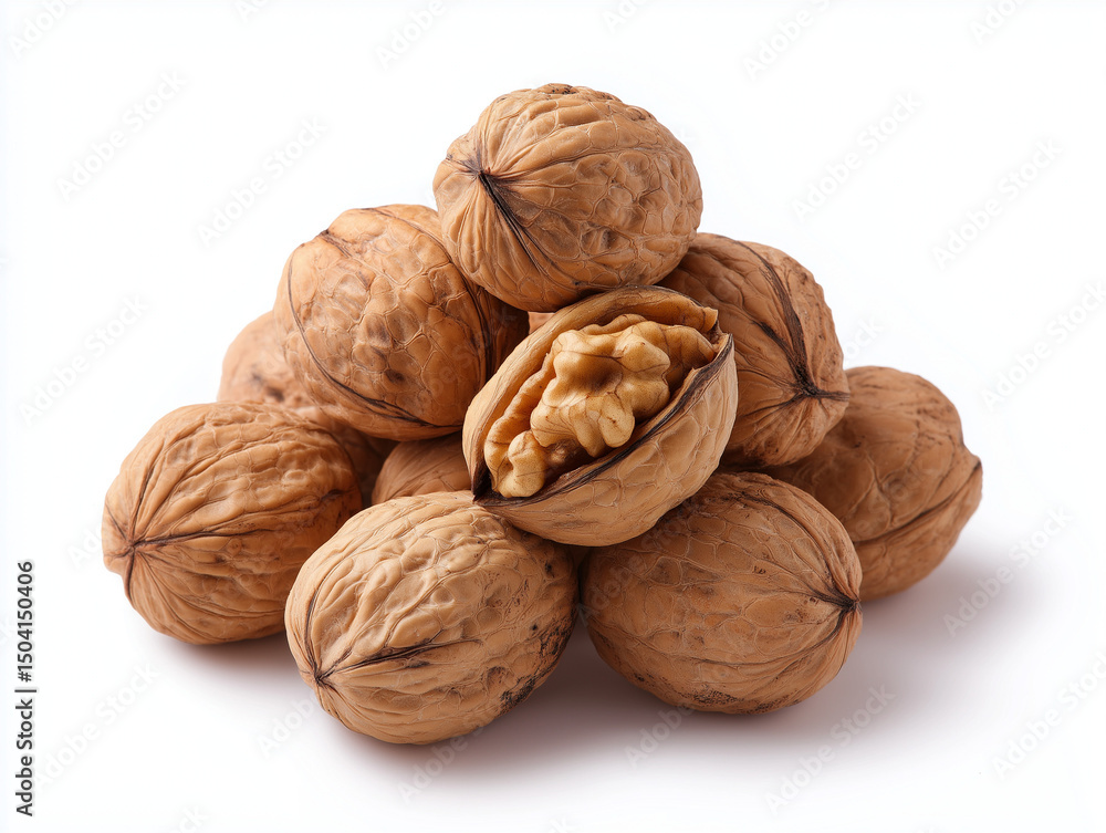 A studio shot of walnuts arranged in a small pile, crisp details, no blur, 8K resolution, isolated on white background, commercial food photography. A studio shot of walnuts arranged in a small pile, crisp details, no blur, 8K resolution, isolated on white background, commercial food photography.