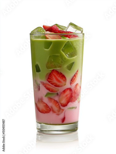 Refreshing iced matcha strawberry latte in a tall clear glass, layered green matcha and pink strawberry milk with ice cubes, isolated on clean white background, bright studio lighting, ultra-realistic