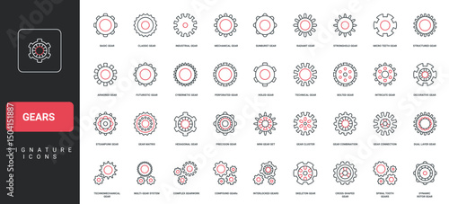 Gears and cogwheels of machine engine, system function, technical progress line icon set. Small and large, one or several metal gears in mechanism thin black and red symbols vector illustration