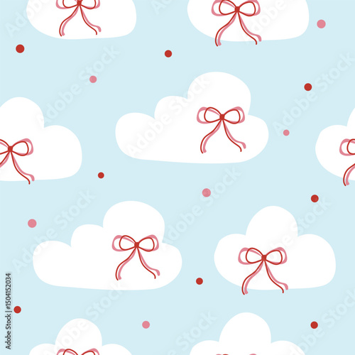  bows and clouds  with polka dots in  the sky seamless pattern , vector , illustration